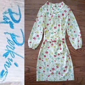 VTG 60s Pat Perkins Floral Print Cotton Dress Balloon Sleeve Belted Knee Length